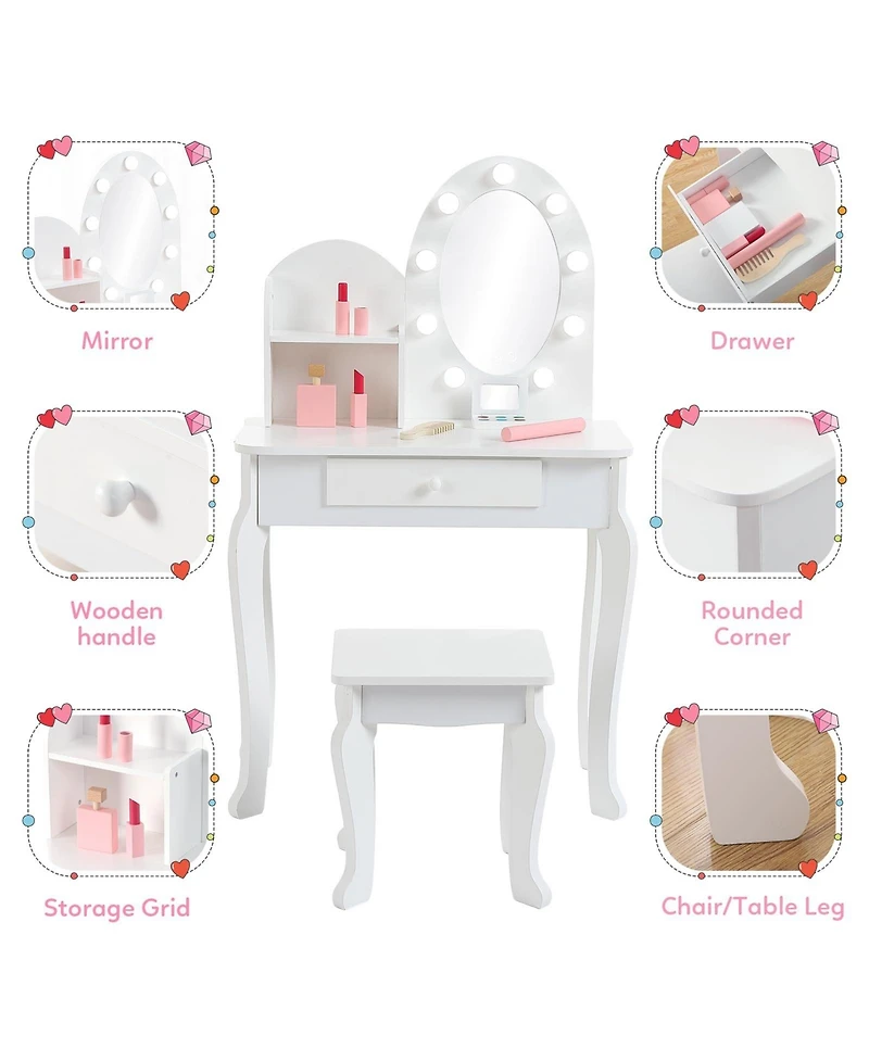 gaomon Girls' Vanity Set with Light and Mirror, Makeup Table Stool for Kids, Wood Dressup Playset 4-9