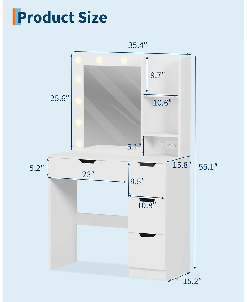Modern Vanity Desk with Mirror, Power Outlet, 4 Drawer & Three Level Storage