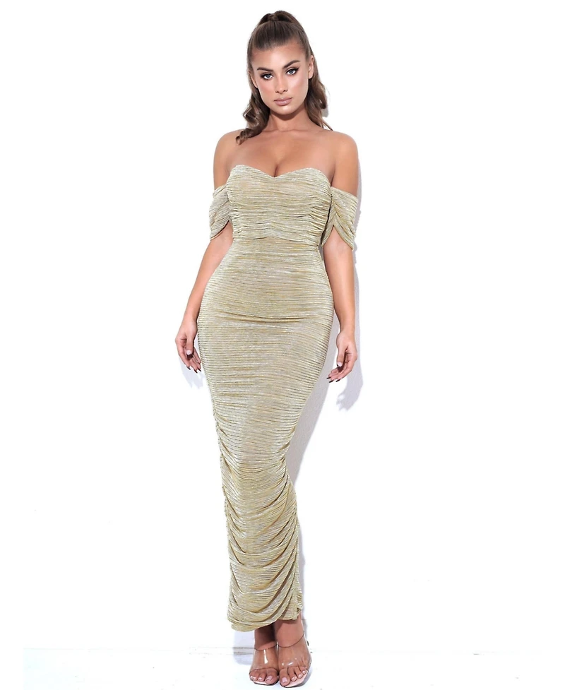 Miss Circle Women's Gene Gold Ruched Off Shoulder Chiffon Dress