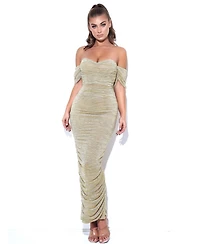 Miss Circle Women's Gene Gold Ruched Off Shoulder Chiffon Dress