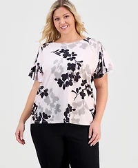 Anne Klein Plus Printed Flutter-Sleeve Top