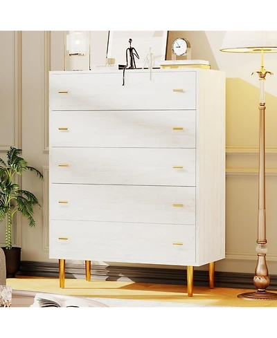gaomon 44 Inch Tall 5 Drawer Farmhouse Dresser, Rustic White Chest with Bar Handles, Large Storage, Bedroom, Living Room