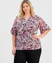 Anne Klein Essentials Plus Split-Neck Printed Flutter-Sleeve Top