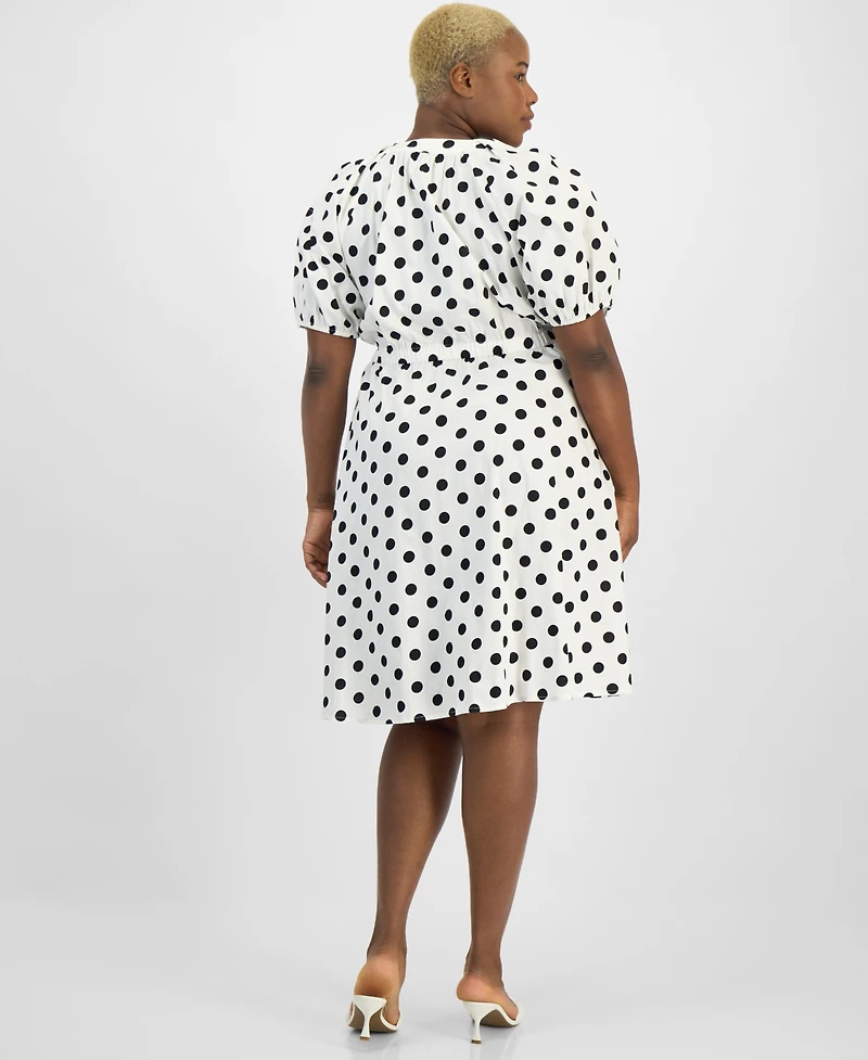 Kasper Plus Dot-Print Puff-Sleeve Smocked-Waist Midi Dress