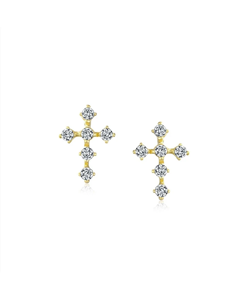 Bling Jewelry Tiny Minimalist Cubic Zirconia Cz 14K Gold Religious Cross Stud Earrings Screwback