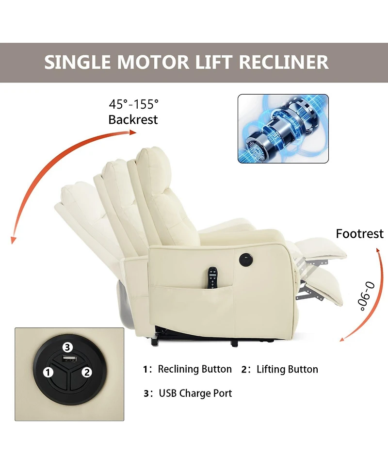 Boyel Living Faux Leather Power Lift Recliner Chair 155° with Massage Heat Usb for Indoor Elderly