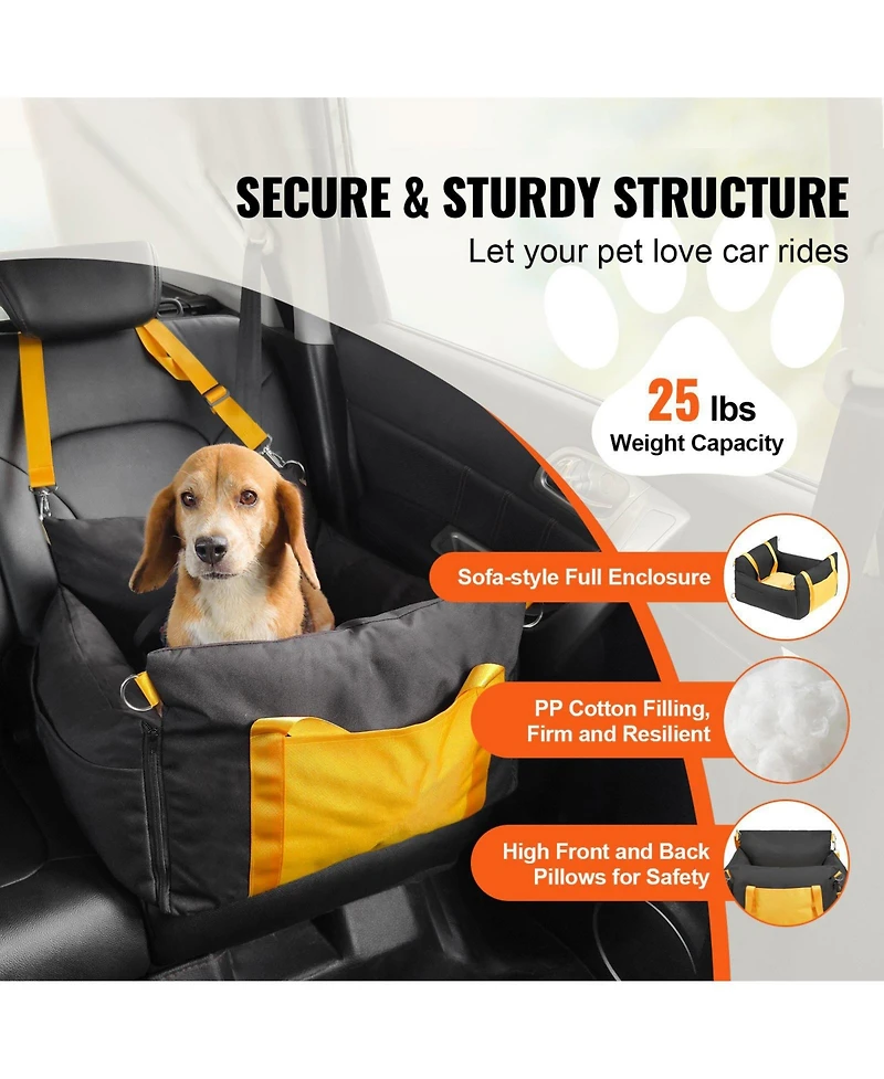 Cozito Waterproof Dog Car Booster Seat Side Handles, Storage Pocket & Safety Leash, Pp Cotton Fill, Small Dog Car Bed up to 25 lb, Black