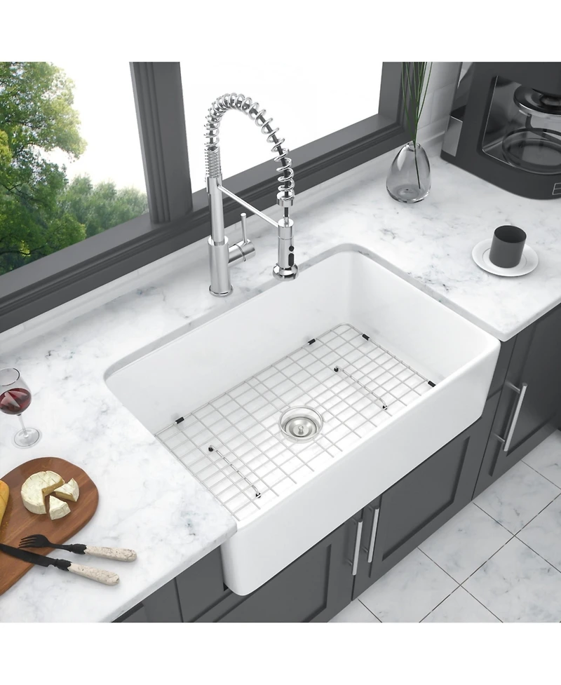 flynama Farmhouse Sink Ceramic Porcelain Reversible Apron Front Single Bowl