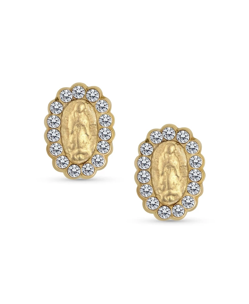 Bling Jewelry Tiny Cz Halo Religious Oval Medallion Style 14K Gold Virgin Mary Stud Earrings