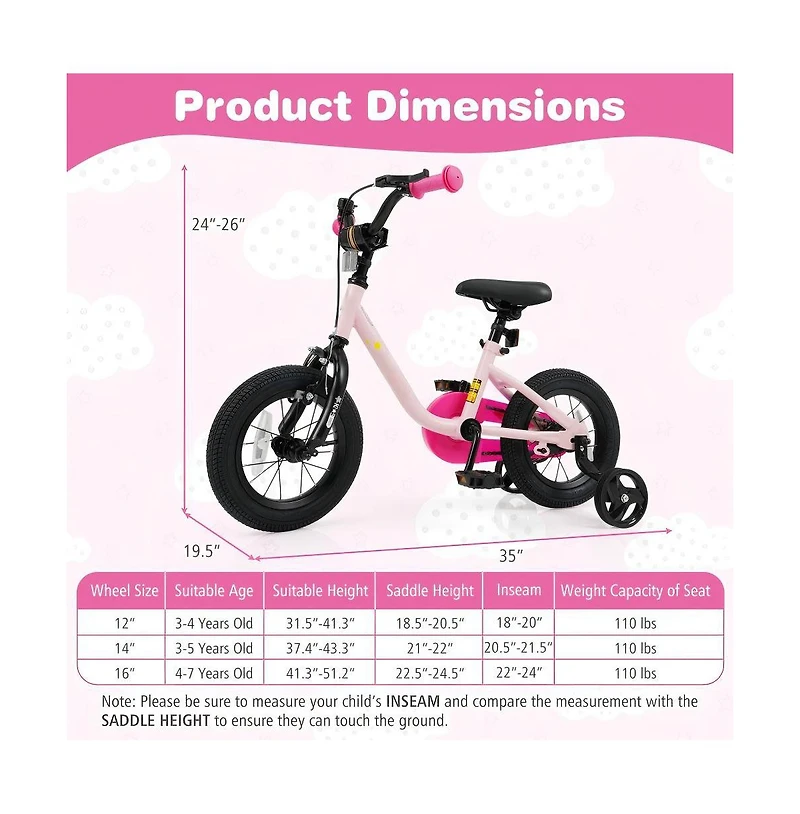 Hongge Kids Adjustable Training Bicycle with Dual Brake System Rubber Tires and Safety Features