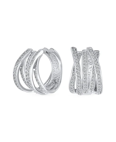 Bling Jewelry Elegant Micro Pave Cz Wide Open Criss Cross Huggie Hoop Earrings Silver Plated