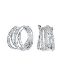 Bling Jewelry Elegant Micro Pave Cz Wide Open Criss Cross Huggie Hoop Earrings Silver Plated