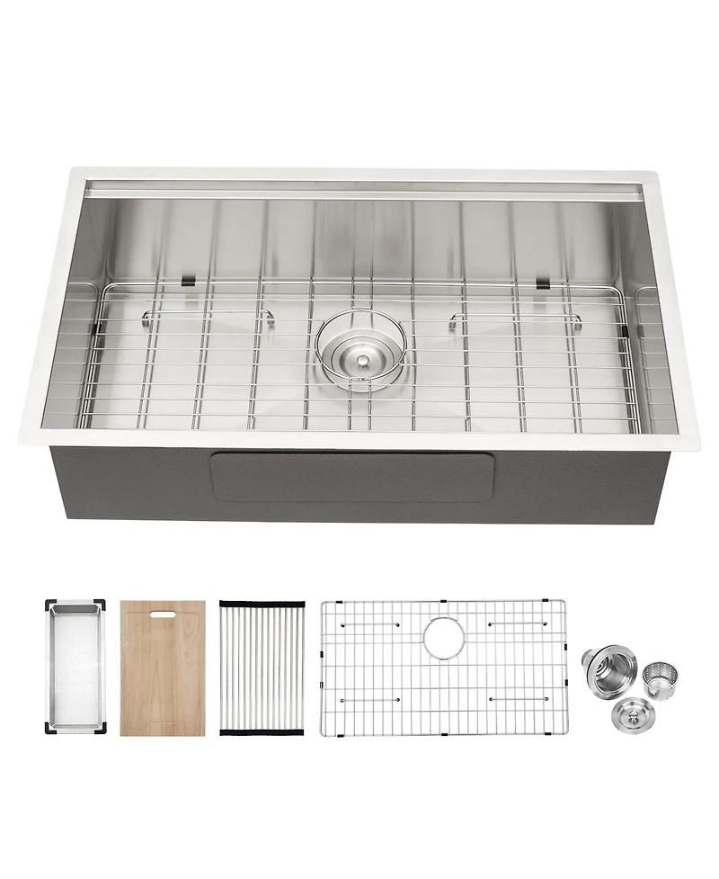 flynama 32x19x9inch Undermount Ledge Workstation Kitchen Sink 16 Gauge 304 Stainless Steel Single Bowl with Full Accessories