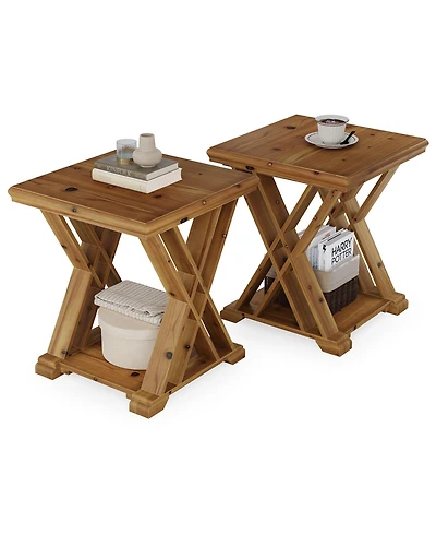 Tribesigns Solid Wood Side Table Set of 2, Farmhouse Narrow Nightstand, Small Square 2-Tier End Table for Living Room & Bedroom, Brown