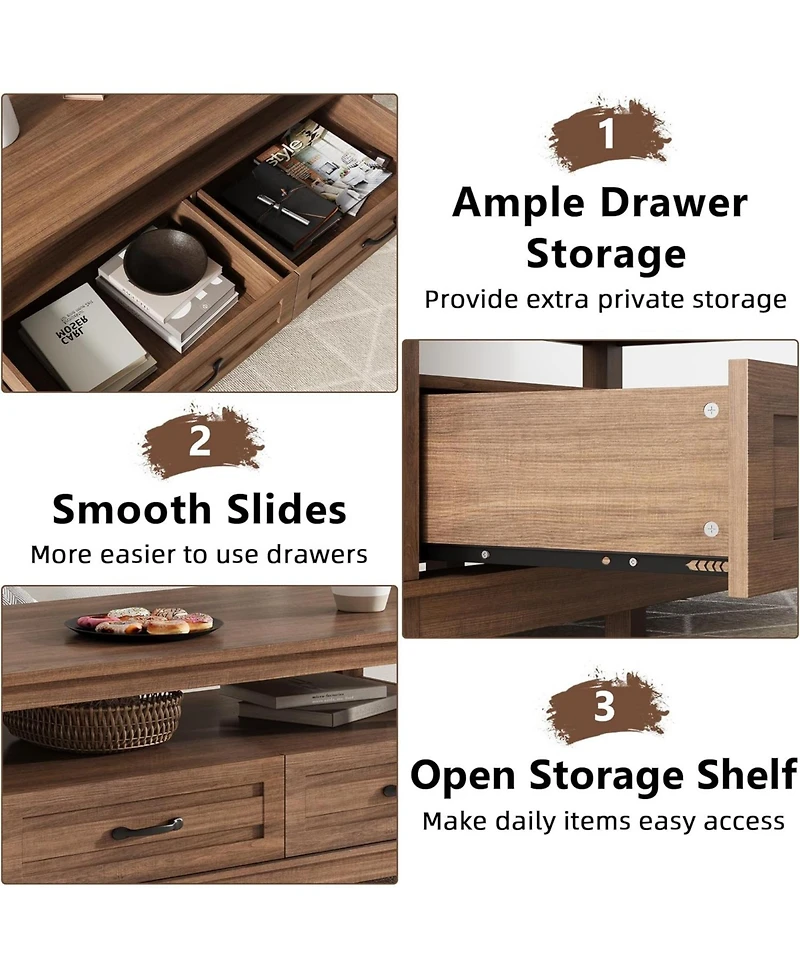 gaomon Farmhouse Coffee Table with Drawers, 47.2" Rustic Walnut Center Table, Ample Storage, Elegant Design, Brown