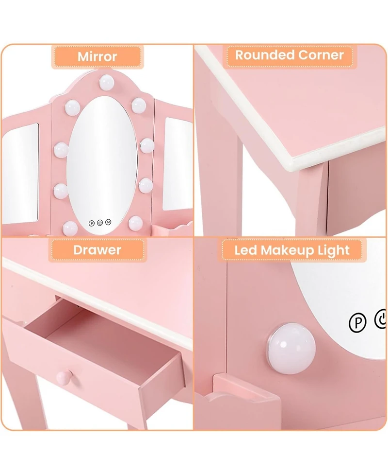 gaomon Kids Vanity Set with 3 Mirrors, Pretend Play Girls Vanity Table and Chair Set with Lighted Mirror, Stool, and Wood Makeup Playset