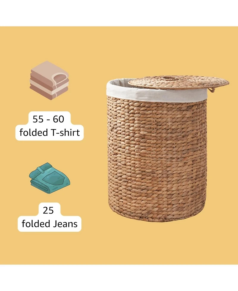 Rainsken Round Water Hyacinth Woven Hamper Basket with Lid, Multi-Purpose Organizer, for Decoration in Bedroom, Living Room, Laundry Room, Entryway