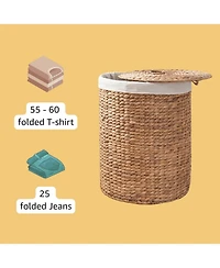 Rainsken Round Water Hyacinth Woven Hamper Basket with Lid, Multi-Purpose Organizer, for Decoration in Bedroom, Living Room, Laundry Room, Entryway