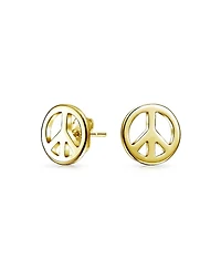Bling Jewelry Tiny Peace Sign Pendant Stud Earrings Jewelry Set Gold Plated Sterling Silver