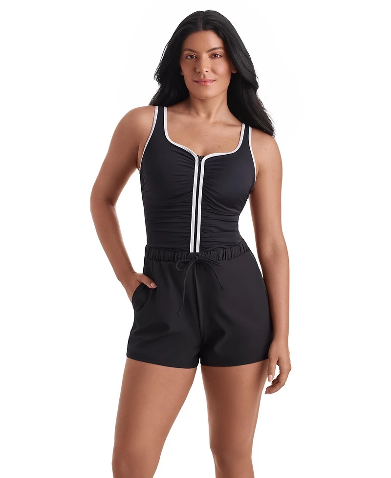 ShapeSolver Women's Shirred Scoop Neck Swim Top & Shorts, 2-Piece Set