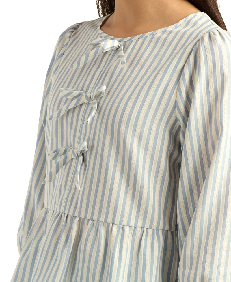Bcx Juniors' Striped Puff-Sleeve Crewneck Peplum Top