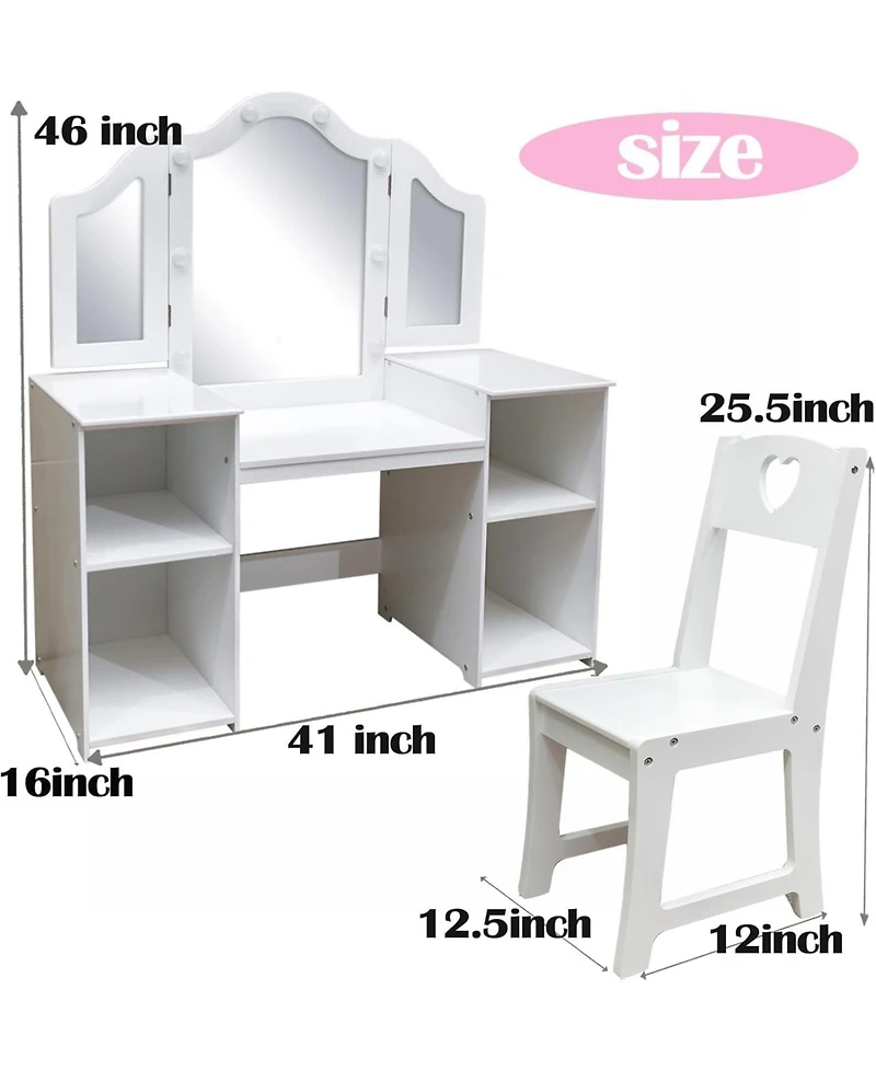 gaomon Kids Vanity with Lights,2 in 1 Princess Makeup Desk & Chair Set, Lighted Mirror, Storage Shelves & Cabinet