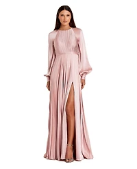 Mac Duggal Women's Petite Long Sleeve Pleated High Neck Gown With Slit Dress