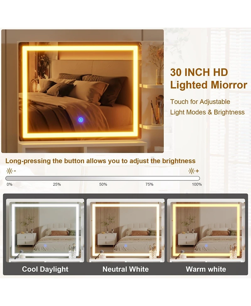 gaomon Fluted Vanity Desk with Mirror and Lights, Makeup Vanity Desk with 5 Drawers & Adjustable Shelves