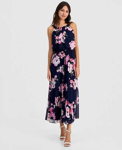 Robbie Bee Petite Halter Floral Print Sleeveless Maxi Dress