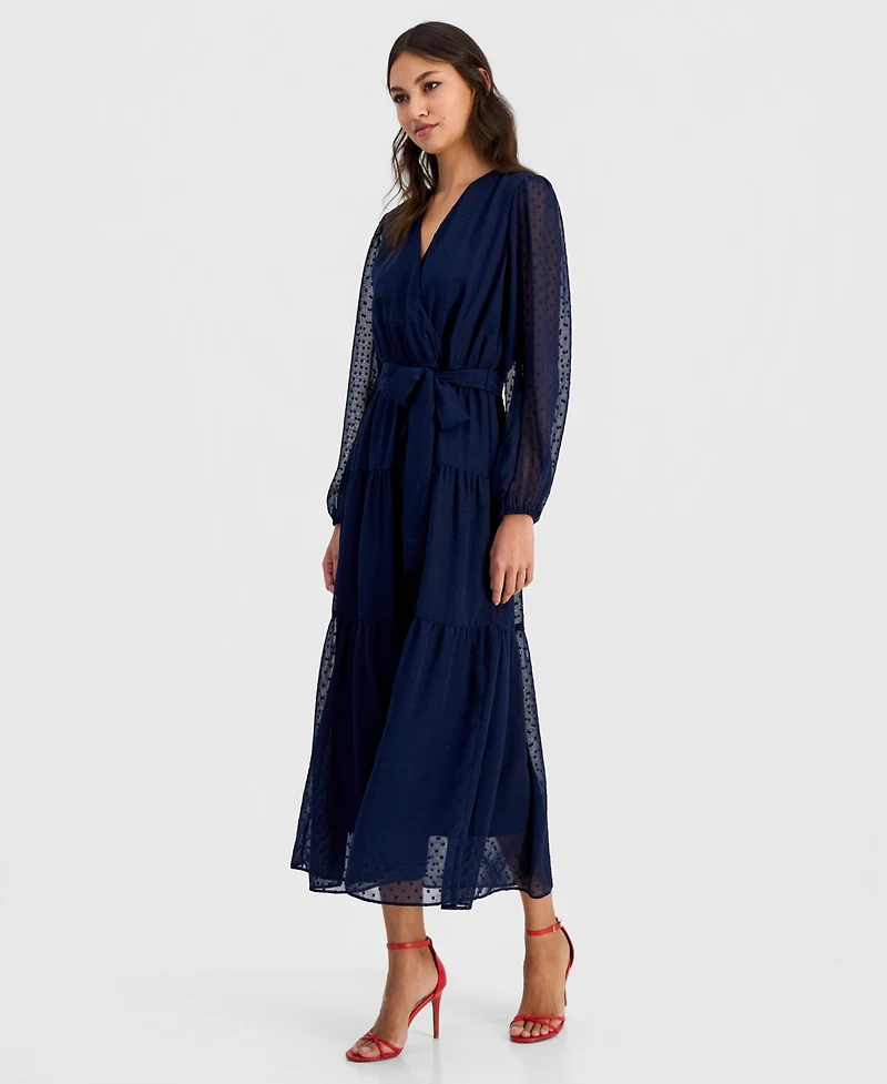 Robbie Bee Women's Swiss Dot Blouson-Sleeve Maxi Dress