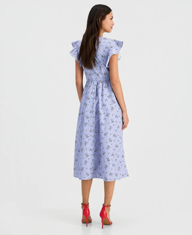 Robbie Bee Women's Printed Smocked Flutter Sleeve Midi Dress