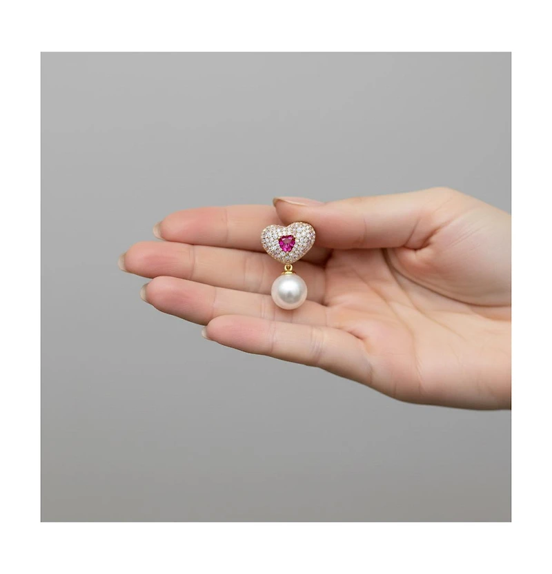 Sterling Silver & 14K Gold-Plated Red Cubic Zirconia Heart Earrings with Pearl Butterfly Drops
