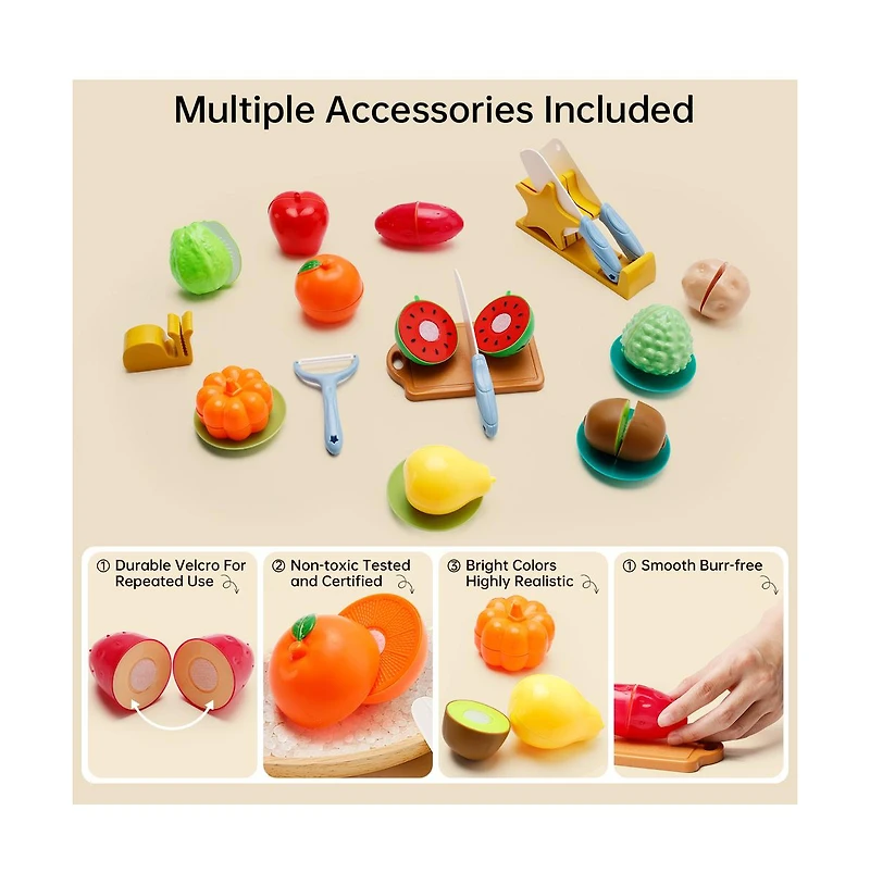 Bruce & Shark 21-Piece Kids Cutting Play Food Set, Pretend Fruit & Vegetable Toy for Early Learning