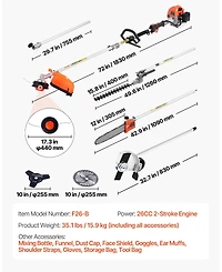 Mecale 26CC 6-in-1 2-Cycle Gas Trimmer Tool Set, Hedge & String Trimmer, Brush Cutter, Edger, Pole Saw, Extension Pole, Gear Set