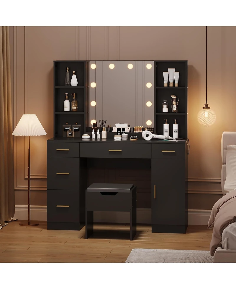 gaomon Farmhouse Vanity Set with Lighted Mirror,56 Inch Modern Makeup Vanity with Charging Station&Storage Shelves