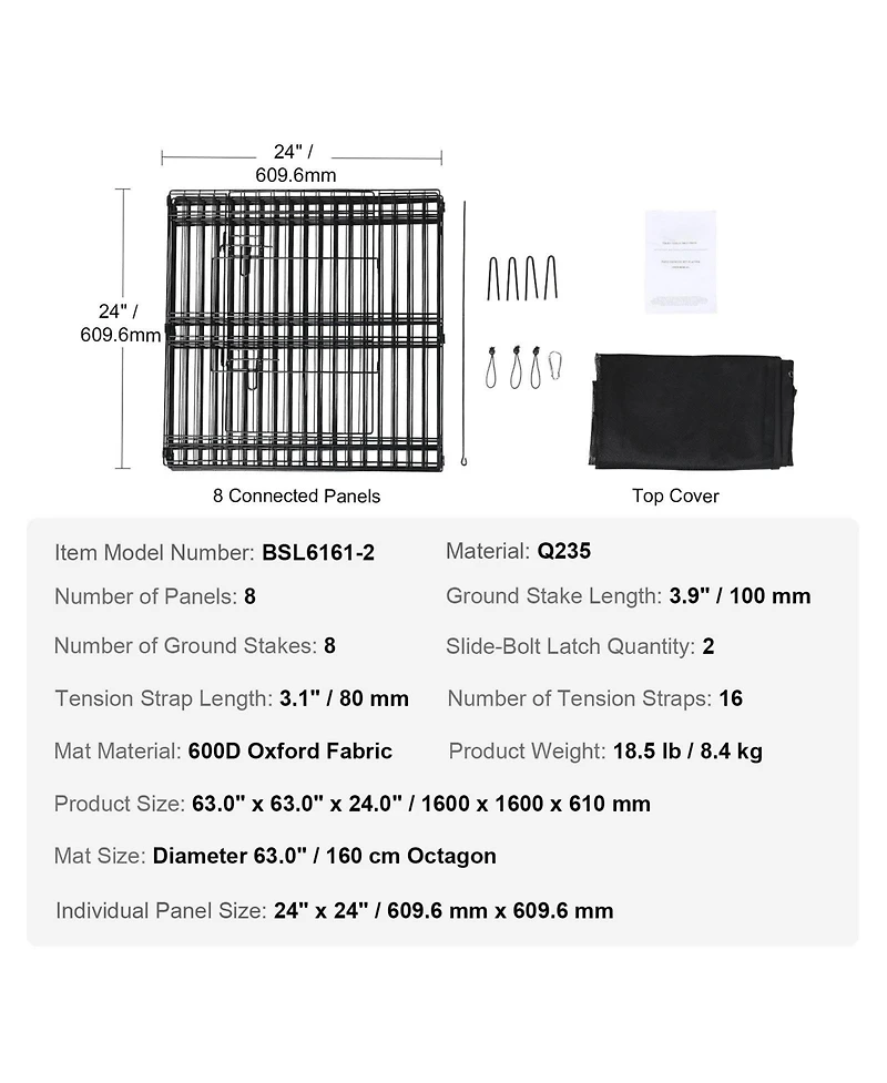 Cozito Dog Playpen, 8-Panel Foldable Metal Exercise Pen w/ Top Cover, 24 in H, Puppy Fence w/ Ground Stakes, Indoor/Outdoor