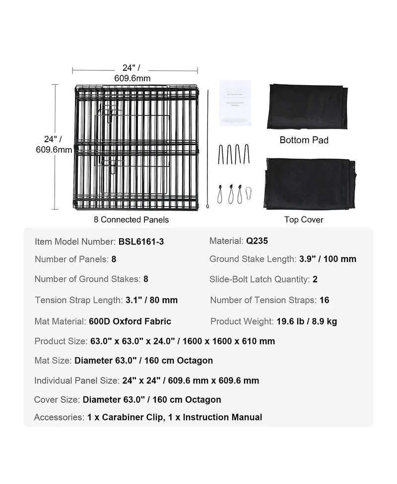 Cozito Dog Playpen, 8-Panel Foldable Metal Exercise Pen w/ Top Cover & Bottom Pad, 24 in H, Indoor/Outdoor Puppy Fence for Camping & Yard