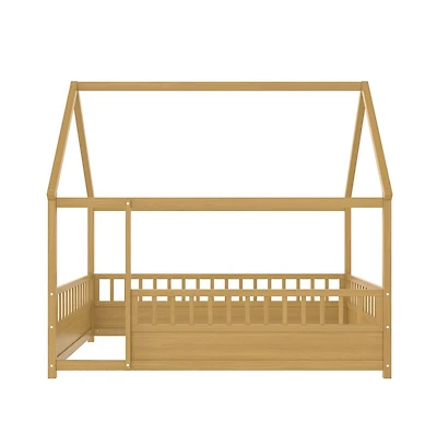 Cesicia Full Wooden Floor Bed with House Roof Frame & Fence Guardrails for Kids