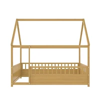 Cesicia Full Wooden Floor Bed with House Roof Frame & Fence Guardrails for Kids