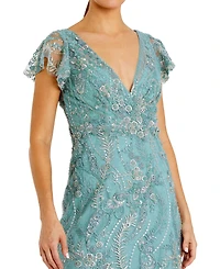 Mac Duggal Petite V Neck Flutter Sleeve Floral Embroidered Gown