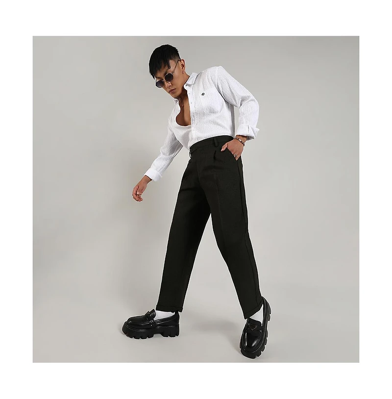 Campus Sutra Men's Juniper Green Tailored Linen-Blend Trousers