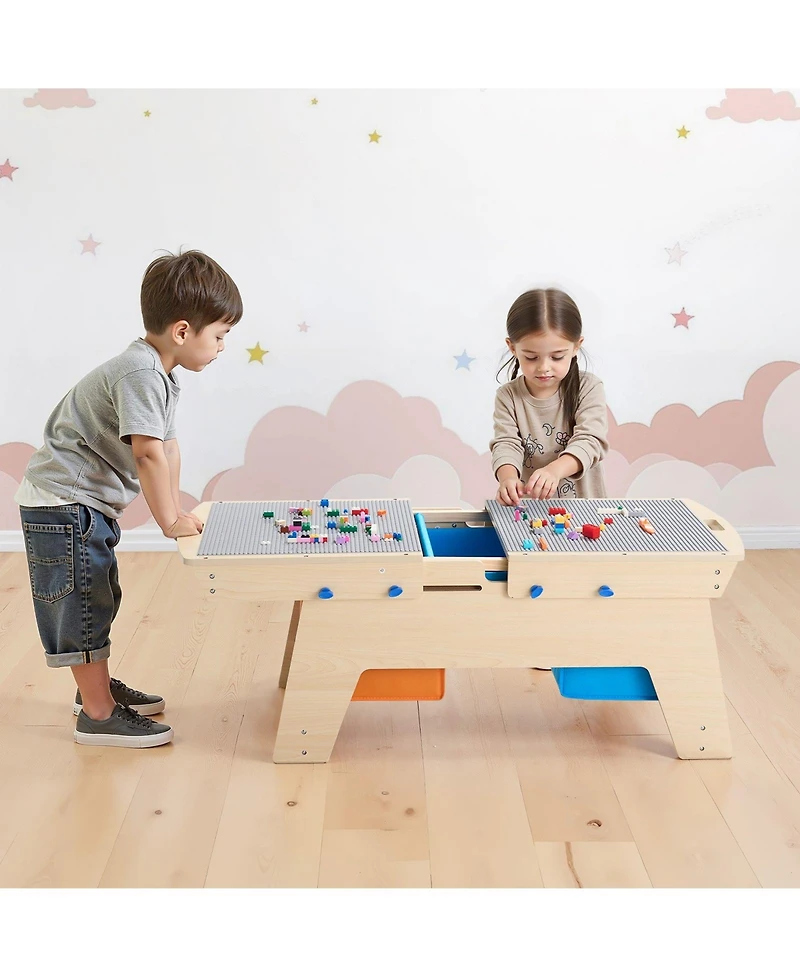 Mecale Kids Reversible Wooden Activity Table w/ 200 Bricks & 3 Storage Bins, Ages 3+