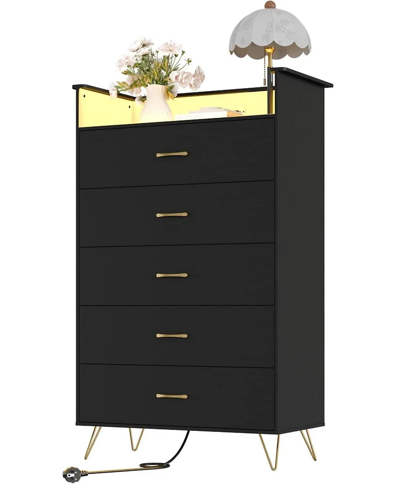 Gaomon 5-Drawer Dresser with Rgb Lights, Charging Station & App-Controlled Music Sync. Large Wooden Chest for Bedroom Storage.