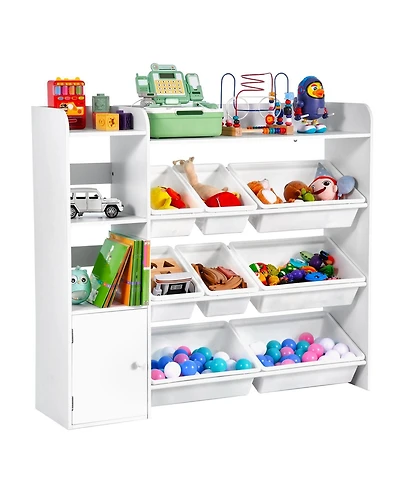 Mecale Kids Toy Storage Organizer with Bookshelf, 4-Tier Cubby Cabinet with 8 Flexible Plastic Bins, Toy & Book Storage, White