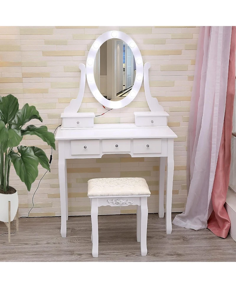Modern Makeup Vanity, Girls Vanity Set with Lighted Mirror and Cushioned Stool