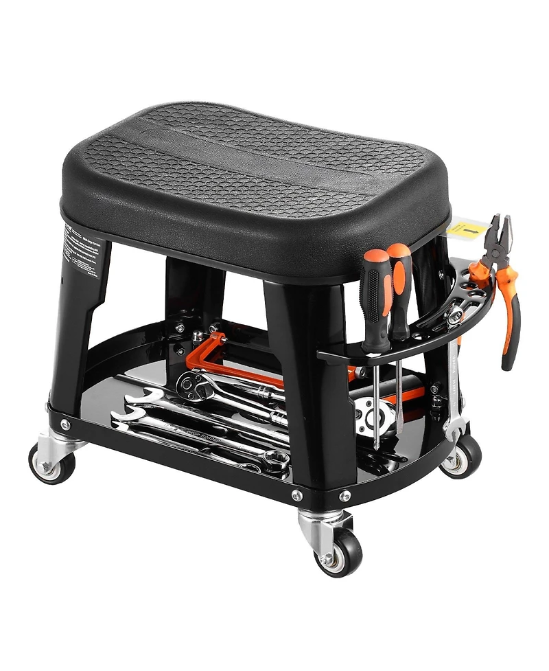Mecale Mechanic Stool with Wheels, 300 lb Capacity, 360° Swivel Garage Work Stool with Tool Tray & Screwdriver Rack, Heavy-Duty