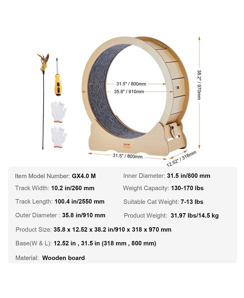 Aostirmotor 35.8 in Wooden Cat Running Wheel with Carpeted Runway in Natural Wood