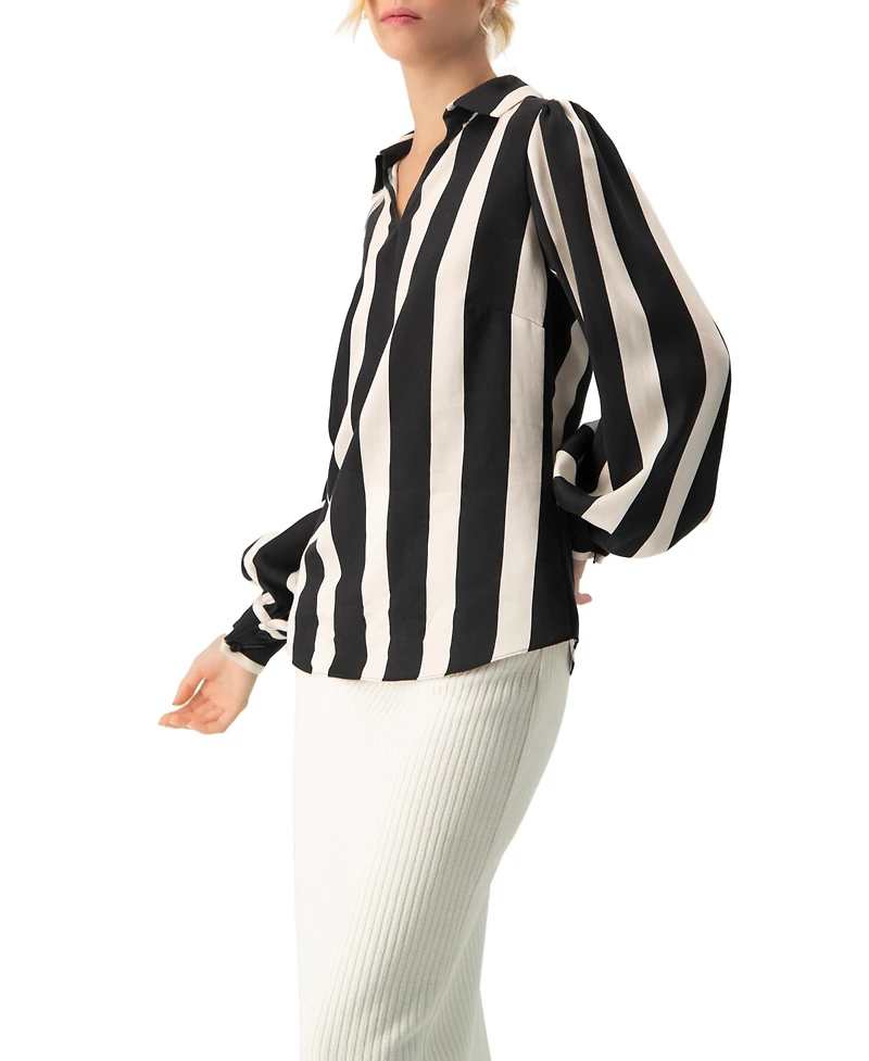 Ivonne Women's Collared Long Sleeve Striped Blouse