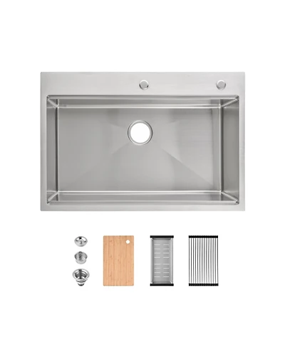 flynama 33inch Overmount Single Bowl Brushed 304 Stainless Steel Kitchen Sink Ss-BR01D-332208 with Cutting Board Roll out Basket