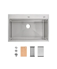 flynama 33inch Overmount Single Bowl Brushed 304 Stainless Steel Kitchen Sink Ss-BR01D-332208 with Cutting Board Roll out Basket